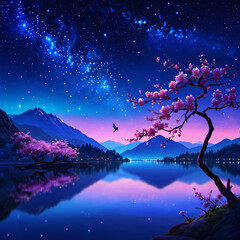 Wall Mural - night landscape with lake