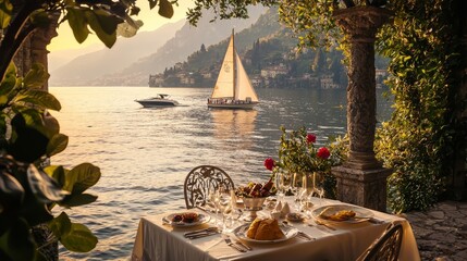 A beautifully arranged dinner table with a sailboat in the background