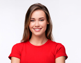 Poster - Portrait girl long hair of young beautiful caucasian woman in red t-shirt cheerfuly smiling looking friendly