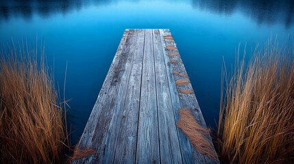 Wall Mural - A wooden dock extends into a calm blue lake, surrounded by tall reeds.