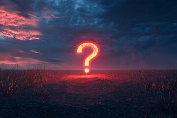 A question mark icon glowing on a distant horizon, symbolizing the unknown future or a journey into uncertainty. 