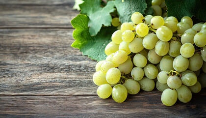 Wall Mural - Ripe white grapes on wooden background, copy space for text