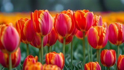 Vibrant tulip fields in full bloom under a clear blue sky