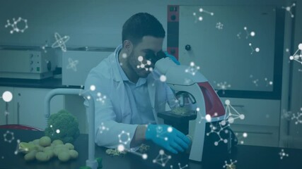 Poster - Animation of molecules and scientific data processing over biracial male scientist in laboratory