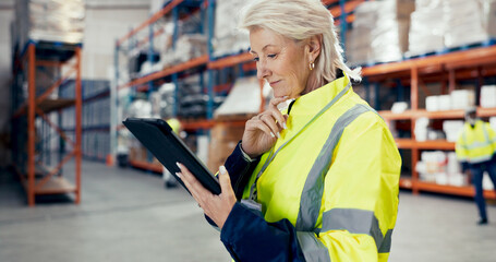 Poster - Warehouse, mature woman and tablet with thinking in logistic, quality control or stock management. Engineer, tech and maintenance in freight, supply chain or factory at shipping company as supervisor