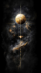 Abstract Celestial Artwork with Golden Planet, Moon, and Stars on Black Background