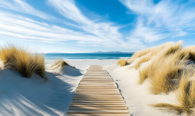 Wall Mural - Wooden pathway leading to a beautiful beach with blue sky and white sand.