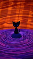 Black Cat on a Purple Swirling Water Surface