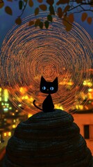 Sticker - Silhouette of a Cat Sitting on a Rock with a Swirling Light Background