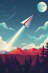 Wall Mural - A paper plane's journey through various landscapes or environments.