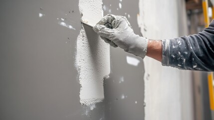 a hand with a trowel applying joint compound to a wall