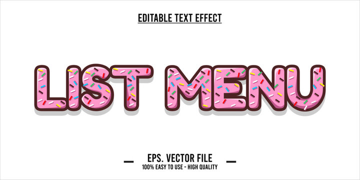 The word LIST MENU is made with pink donut illustration on white background, Vector illustration design.