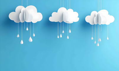 Wall Mural - Three paper clouds with raindrops hanging from them against a blue background.