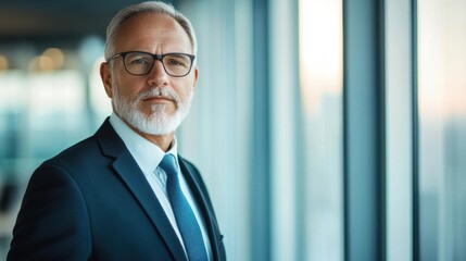 Confident senior businessman with glasses and grey beard in a suit standing by office window, looking outside in a modern office environment.