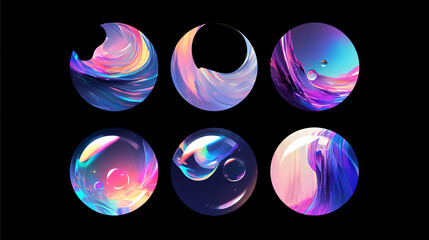 Poster - A vibrant collection of six colorful abstract circles filled with flowing patterns and bubbles, creating a mesmerizing and artistic visual effect.