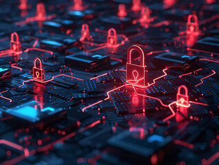 Poster - A detailed close-up of a digital circuit board featuring neon red locks, symbolizing security and technology, set against a dark background.