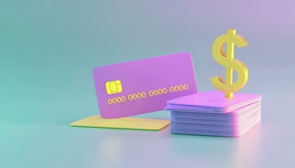 Colorful digital payment concept featuring a credit card and dollar symbol on a stylish background.