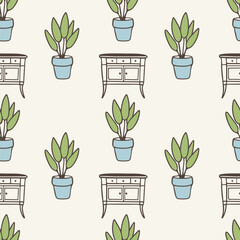 Pattern with vintage furniture bedside table chest of drawers with houseplant in pot, contour linear drawing in minimalist style.