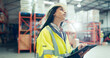 © peopleimages.com - Shipping, tablet and cargo with woman in warehouse for logistics, freight or online. Export, delivery or supply chain storage with digital checklist for customs compliance in inventory management
