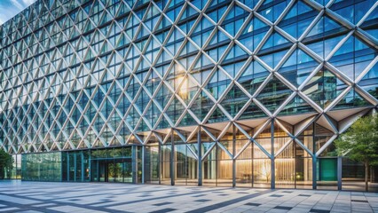 Modern building with a glass facade featuring a steel pattern design , architecture, modern, building, glass