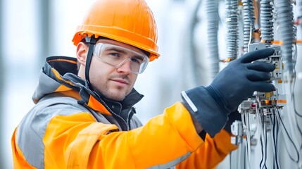 Poster - Close up View of Engineer Inspecting Electrical Cables at Power Facility with Safety Gear