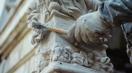 A Close-up of a Worker Using a Hammer to Sculpt a Stone Ornament