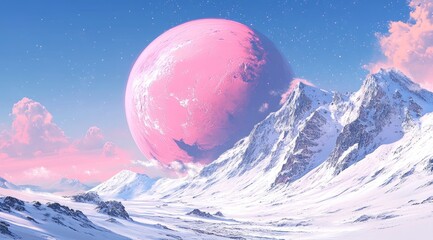 A large pink planet hangs in the sky above a snow-covered mountain range.