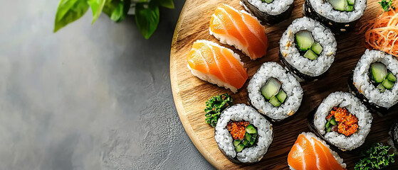 Wall Mural - Flat lay composition with delicious sushi rolls on light grey table 