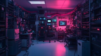 Poster - Cutting Edge Lab Filled with Glowing Laser Optics and Fiber Optic Cables