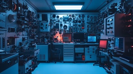 Poster - Cutting Edge Laboratory with Laser Optics and Fiber Optic Cables Glowing Under UV Light