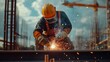 © IMAGINIAC - Construction Worker Welding Metal Beam with Sparks Flying