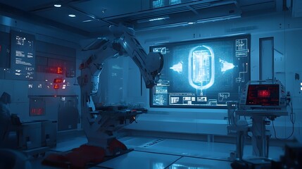 Poster - Diagrammatic Hologram Projected in Futuristic Laboratory Setting