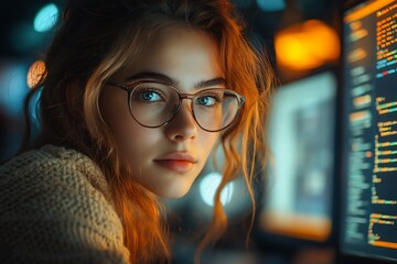  AI cyber security concept. Diverse IT specialist team analyzing artificial intelligence online risk threats to consumer data & privacy. Software developers coding & ethical hacking in dark office 
