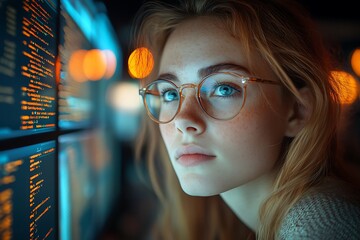  AI cyber security concept. Diverse IT specialist team analyzing artificial intelligence online risk threats to consumer data & privacy. Software developers coding & ethical hacking in dark office 