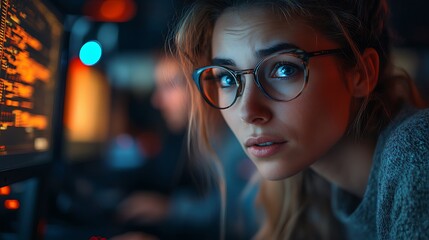  AI cyber security concept. Diverse IT specialist team analyzing artificial intelligence online risk threats to consumer data & privacy. Software developers coding & ethical hacking in dark office 