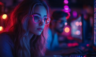  AI cyber security concept. Diverse IT specialist team analyzing artificial intelligence online risk threats to consumer data & privacy. Software developers coding & ethical hacking in dark office 