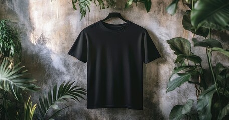 Wall Mural - A black t-shirt hangs against a concrete wall, surrounded by lush green plants.