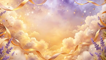 Wall Mural - serene wallpaper featuring tangerine and lavender clouds with gold ribbons