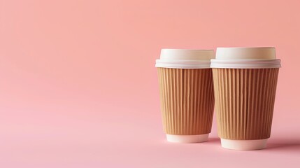 Wall Mural - two paper coffee cups with empty place for logo on pink background with copy space. Street drinks concept. Coffee with you