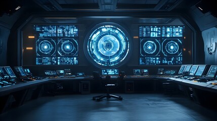Aufkleber - futuristic control room with radio wave frequency screens for communication technology