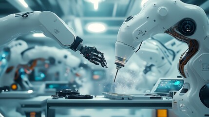 Poster - Futuristic Laser Lab with Robotic Arms Precisely Positioning Optical Components
