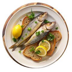 A dish of fish hard bread top view isolated on transparent background.