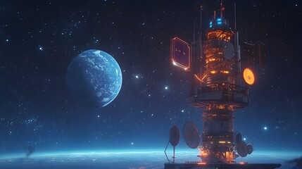Poster - Futuristic Space Station like Signal Tower with Advanced Antennas Broadcasting into Space