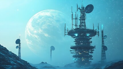 Poster - Futuristic Space Station Like Signal Tower Transmitting Signals into the Cosmos
