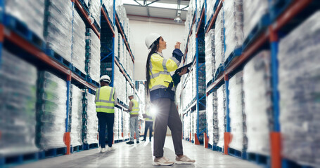 Poster - Woman, thinking and tablet in warehouse for stock management, supply chain inspection or inventory checklist. Logistics, plan and supervisor with check for shipping order, quality control or courier