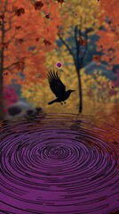 Poster - Crow Flying Over Autumn Pond with Purple Ripples