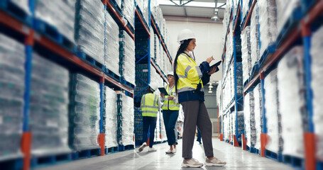 Poster - Woman, tablet and checklist at shelf for logistics, inventory management and quality control in warehouse. Worker, tech and supply in storage facility for export, distribution process and inspection