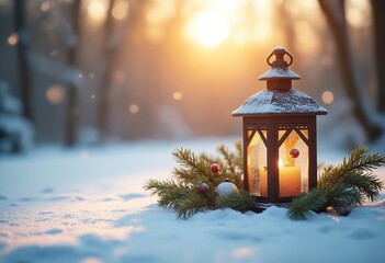 Canvas Print - In the sunlight, a Christmas lantern rests on snow with a branch of fir. Winter decoration background, copy space on a side