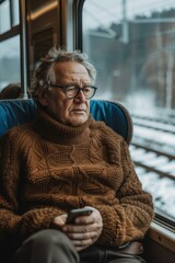 Wall Mural - A man in a brown sweater sits on a train and looks out the window. AI.