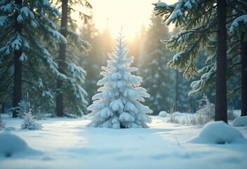 Aufkleber - The snow is shining and the forest is green under the sun in this winter forest landscape between a white snowy pine tree and a soft green background